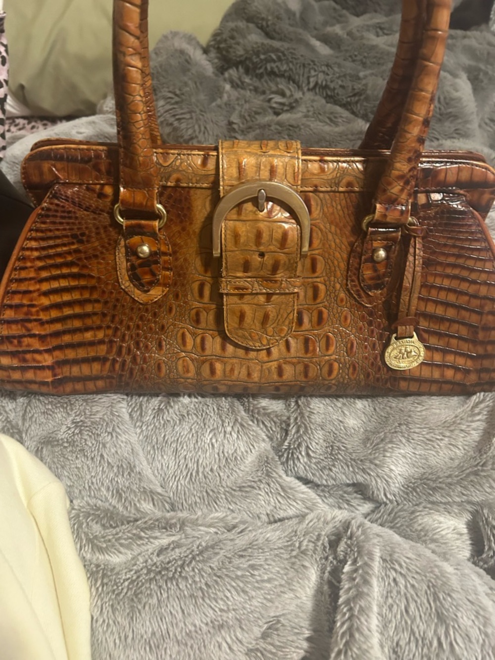 Brown Croc-Embossed Leather Satchel Handbag